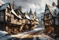 snow covered old fashioned english town street in winter with ancient houses