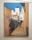 Painting of the medina by an unnamed artist on display inside the Chouara Tannery in Fes, Morocco. Royalty Free Stock Photo