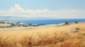 Captivating Mediterranean Landscape Painting With Yellow Grass And Ocean View Royalty Free Stock Photo