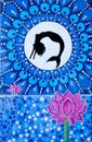 Painting, a mermaid, jumping from the lake at the moon. Lotus flower.