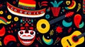 Painting of mexican day of the dead skull with guitar and sombrero. Generative AI