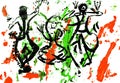 Painting with mixed media with abstract lines paints, abstract silhouettes dancing girls in an Indian costume, freehand lines Royalty Free Stock Photo