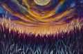 Painting modern mystic art sunset dawn starry sky with clouds space moon Royalty Free Stock Photo