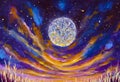 Painting modern mystic art sunset dawn starry sky with clouds space moon Fantasy Royalty Free Stock Photo