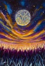 Painting modern mystic art sunset dawn starry sky with clouds space moon Royalty Free Stock Photo