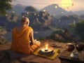 painting of a monk meditating in a futuristic temple