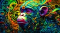 Painting of monkey with flower on its head and colorful background. Generative AI Royalty Free Stock Photo