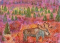 Painting of moose against autumn wood background