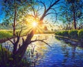 Painting morning dawn sunset on river lake. Royalty Free Stock Photo