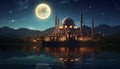 A painting of a mosque with a crescent moon, water reflection. Royalty Free Stock Photo