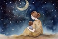 Painting mother child paper moon stars. Generate Ai