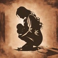 a painting of a mother with her son, in silhouette, abstract background, on the ground, vintage, minimalist design, digital art