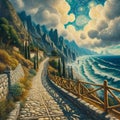 Painting of mountain empty street, ocean view, great waves, wooden guardrail, stone footpath, house, cottage, cliff, Van Gogh Royalty Free Stock Photo