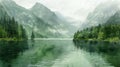 A painting of a mountain lake with green trees and mountains in the background, AI Royalty Free Stock Photo