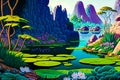 Painting of mountain lake with lily pads and mountains in the background. Generative AI Royalty Free Stock Photo
