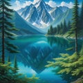 painting of mountain lake surrounded by trees