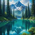 painting of mountain lake surrounded by trees