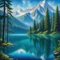 painting of mountain lake surrounded by trees