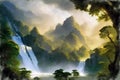 Painting mountain landscape waterfall among forest