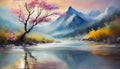 Painting of mountain peaks, river and blooming nature and tree with pink flowers. Natural landscape Royalty Free Stock Photo