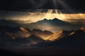 a painting of a mountain range with sun rays coming through the clouds and a dark sky with clouds and mountains