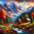 A painting of mountain scene with a cabin and a stream, beautiful vibrant scenery, autumn, magical landscape, nature dream art