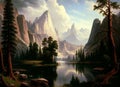 A painting of a mountain scene with a lake set in Yosemite...Yosemite Lake