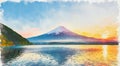 A painting of a mountain with a sunset in the background and a lake in front of it. Royalty Free Stock Photo