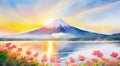 A painting of a mountain with a sunset in the background and a lake in front of it. Royalty Free Stock Photo