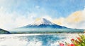 A painting of a mountain with a sunset in the background and a lake in front of it. Royalty Free Stock Photo