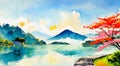 A painting of a mountain with a sunset in the background and a lake in front of it. Royalty Free Stock Photo