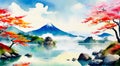 A painting of a mountain with a sunset in the background and a lake in front of it. Royalty Free Stock Photo