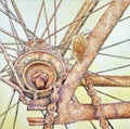 Painting of Mouse on rusty abandoned bicycle with broken chain.