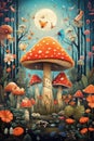 A painting of mushrooms and butterflies in a forest. Generative AI image. Royalty Free Stock Photo