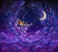 Painting mystic fabulous house in purple night clouds in the starry sky and the girl sends love to the big moon