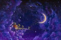 Painting mystic fabulous house in purple night clouds in the starry sky and the girl sends love to the big moon