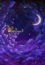 Painting mystic fabulous house in purple night clouds in the starry sky and the girl sends love to the big moon