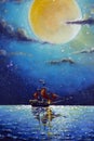 Painting mystic pirate ship with red sails sailing in night on sea, large luminous planet moon Fantasy fine art