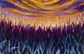 Painting mystic sunset dawn sky with large glowing grass concept for fairytale painting