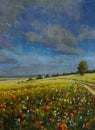 painting nature landscape rural field with flowers and road
