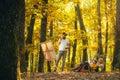 Painting in nature. Start new picture. Capture moment. Beauty of nature. Bearded man woman and son relax autumn nature