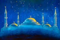 Painting night Mosque. Hand drawn muslim sight