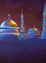 Painting night Mosque. Hand drawn Muslim sight. Watercolor acrylic arabian illustration