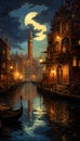 A painting of a night scene with a gondola. Generative AI image.