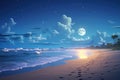 Painting of Nighttime Beach With Full Moon Lighting Up the Ocean Waves, A serene moonlit beach with a coupleÃ¢â¬â¢s footprints