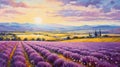 Lavender Field At Sunset In Paris: Realistic Landscape Oil Painting Royalty Free Stock Photo