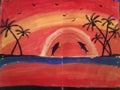 Painting ocean with sunset bird fish