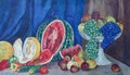 Painting oil on canvas. Still life with a watermelon, fruits and vegetables. Royalty Free Stock Photo