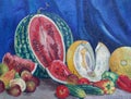 Painting oil on canvas. Still life with a watermelon, fruits and vegetables. Royalty Free Stock Photo