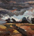 Painting, oil on cardboard. Large strokes, the picture shows a thunderstorm, clouds are gathering.